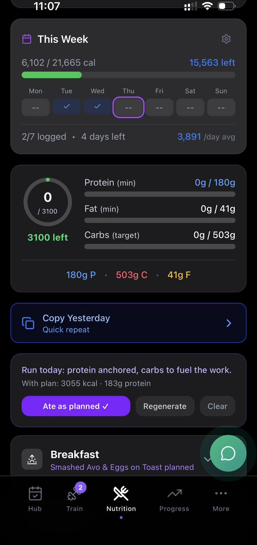 Run today, so the carbs go up. The number comes from the session, not a calculator.